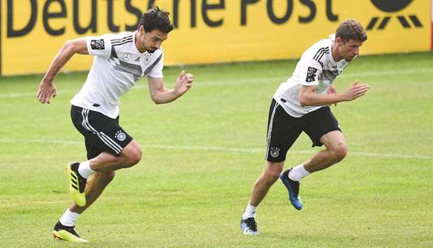 Germany defender Mats Hummels (left) and forward Thomas Mueller take part in a training session in Girlan, northern Italy, in this May 29, 2018, file photo. (Reuters)