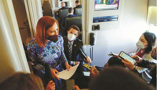 White House Press Secretary Jen Psaki speaks with members of the press aboard Air Force One.