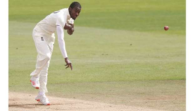 In this file photo taken on August 24, 2020, Englandu2019s Jofra Archer bowls on the fourth day of the third Test against Pakistan at the Ageas Bowl in Southampton, southern England. (AFP)