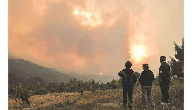 Local residents look at a forest fire near the village of Pefkaneas, west of Athens.
