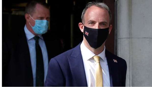 Britain?s Foreign Secretary, Dominic Raab, leaves television studios, in London, Britain