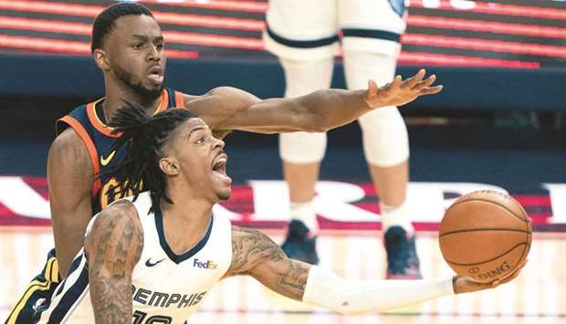 Memphis Grizzlies guard Ja Morant (foreground) in action with Golden State Warriors forward Andrew Wiggins during the fourth quarter of the NBA game at Chase Center in San Francisco, California, United States. (USA TODAY Sports)
