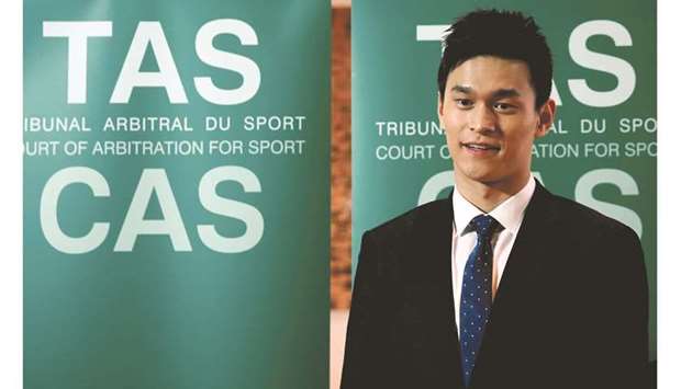 Chinese swimmer Sun Yang poses after a public hearing of the Court of Arbitration for Sport (CAS) for the appeal filed by the World Anti-Doping Agency (WADA) against him and the Federation Internationale de Natation (FINA), at the Conference Centre of the Fairmont Le Montreux Palace, in Montreux, Switzerland, on November 15, 2019. (Reuters)