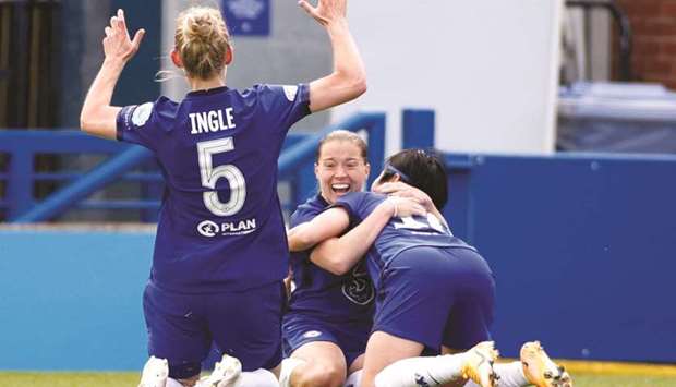 Chelseau2019s Fran Kirby (centre) celebrates her goal with teammates during the Womenu2019s Champions League semi-final second leg match against Bayern Munich at Kingsmeadow in London. (Reuters)