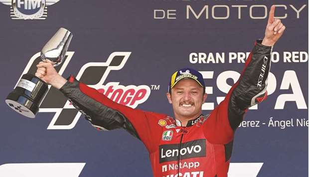 Ducati Lenovo Teamu2019s Australian rider Jack Miller celebrates on the podium after winning the Spanish Grand Prix at the Jerez Circuit in Jerez de la Frontera yesterday.