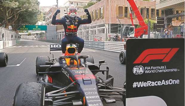 Red Bullu2019s Max Verstappen celebrates winning the Monaco Grand Prix yesterday. (Reuters)