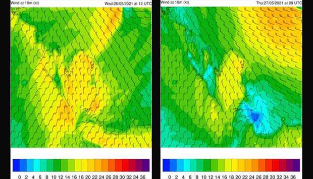 Predicted wind patterns on Wednesday (L) and Thursday. Met Dept WRF-ARW Model