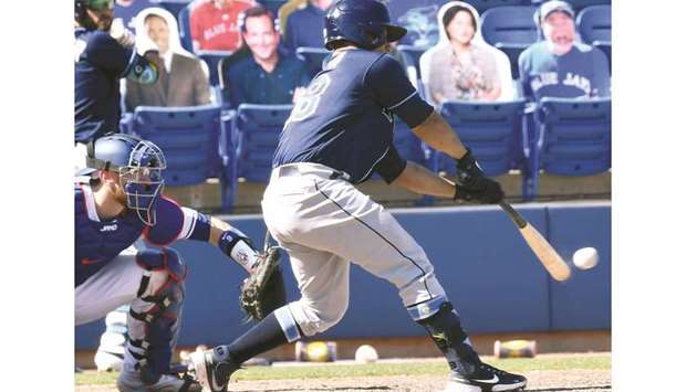 Tampa Bay Rays catcher Francisco Mejia hits a two run single in the eleventh inning against the Toronto Blue Jays at TD Ballpark in Dunedin. (USA TODAY Sports)