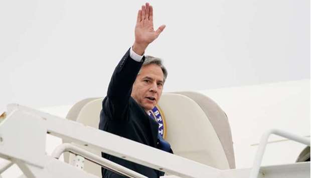 US Secretary of State Antony Blinken waves as he departs to visit Israel and West Bank, at Andrews Air Force Base, Maryland, US on May 24