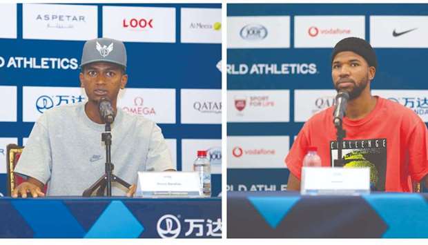 Qatari high jumper Mutaz Essa Barshim and 400m hurdler Abderrahman Samba (right) address a press conference on Thursday on the eve of the Doha Diamond League.