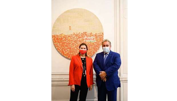 Qatar's ambassador to France Sheikh Ali bin Jassim al-Thani toured the exhibition along with MENART Fair director Laure d'Hauteville.
