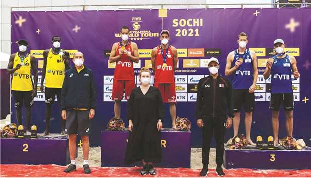 The finalists on the podium for the 2021 FIVB Beach Volleyball World Tour Sochi 4-star tournament on Sunday.