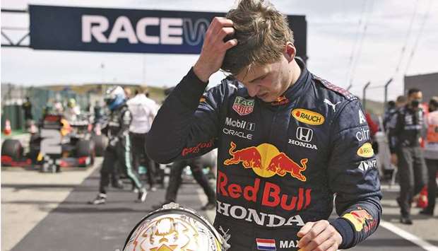 Red Bullu2019s Max Verstappen reacts after finishing second in the Portuguese Grand Prix at Algarve International Circuit in Portimao, Portugal, on Sunday. (Reuters)