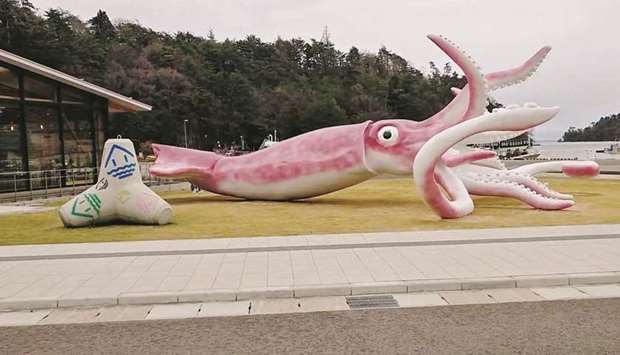 The giant squid statue built using coronavirus disease subsidies is seen in Noto, Ishikawa prefecture, Japan, in this still image obtained from a social media video.