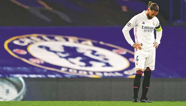 Real Madridu2019s captain Sergio Ramos reacts after the UEFA Champions League semi-final loss to Chelsea in London on Wednesday. (Reuters)