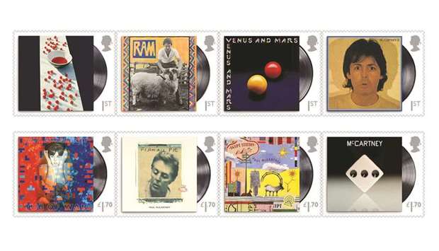 A combination image of eight Royal Mail stamps created in honour of Paul McCartney shows his various album covers.