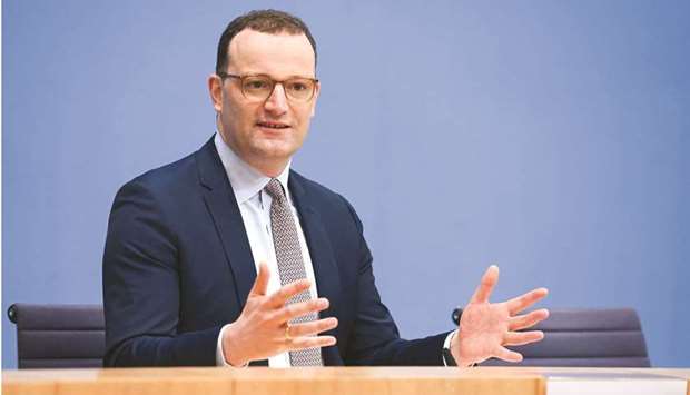 German Health Minister Jens Spahn gestures during a news conference on the current coronavirus disease (Covid-19) situation in Berlin, yesterday.