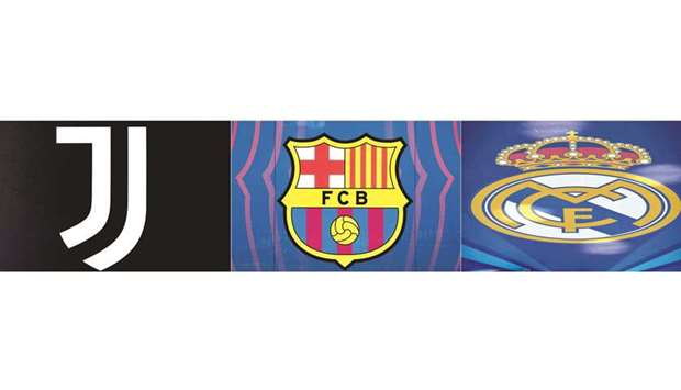 This combination of pictures shows the logos of Juventus, Barcelona and Real Madrid.