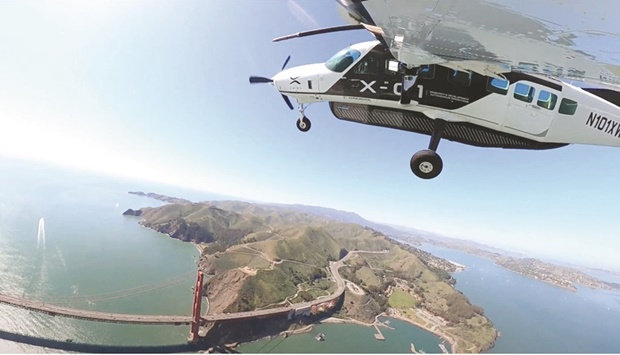 This framegrab from an undated video courtesy of Xwing, a Cessna 208B Grand Caravan which has been outfitted with autonomous flying equipment, flies over the Golden Gate Bridge in San Francisco. (AFP)