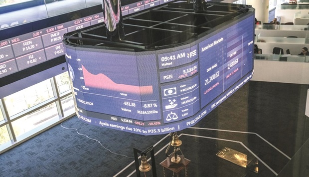 Bells stand under an electronic board displaying stock figures on the trading floor of the Philippine Stock Exchange in Bonifacio Global City (BGC) Metro Manila, the Philippines.