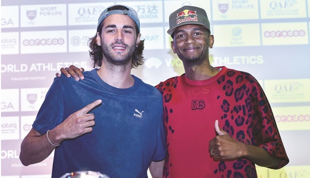Qataru2019s Mutaz Essa Barshim (right) and Italyu2019s Gianmarco Tamberi pose after a press conference at the 3-2-1 Qatar Olympic and Sports Museum on Thursday, ahead of Friday's Doha Diamond League. PICTURES: Noushad Thekkayil