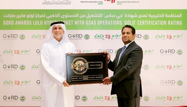 File photo showing Gord founding chairman Dr Yousef al-Horr bestowing the GSAS certificate to Dr. Mohamed Althaf, director, LuLu Group International, which is seeking to build more 'green' hypermarkets across Qatar.