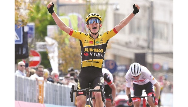 Jumbo-Vismau2019s Koen Bouwman celebrates as he wins Stage 7 of the Giro du2019Italia between Diamante to Potenza, Italy, yesterday. (Reuters)