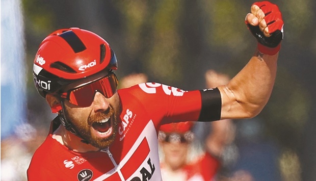Team Lottou2019s Belgian rider Thomas De Gendt celebrates as he crosses the finish line to win the 8th stage of the Giro du2019Italia in Napoli, Italy, yesterday. (AFP)
