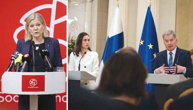 Swedish Prime Minister Magdalena Andersson addressing a press conference after a meeting at the ruling Social Democratu2019s headquarters in Stockholm yesterday. Right: Finnish Prime Minister Sanna Marin looks at President Sauli Niinist? during their press conference at the Presidential Palace in Helsinki. (AFP)