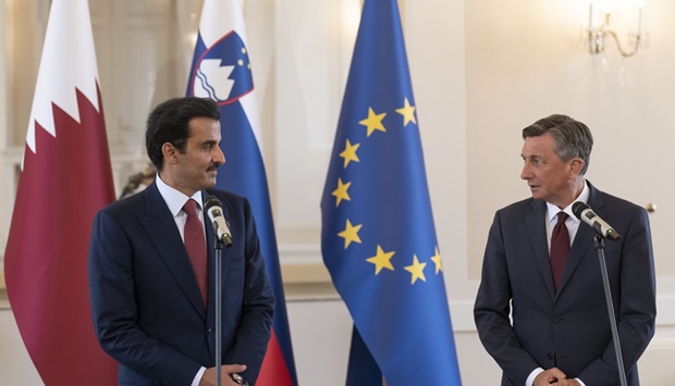 His Highness the Amir Sheikh Tamim bin Hamad Al-Thani and the President of the Republic of Slovenia Borut Pahor hold joint press conference at the presidential palace in Ljubljana, Slovenia