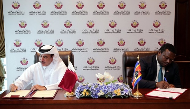 HE the Minister of Transport Jassim bin Saif Al Sulaiti and the Minister of Public Works and Transport of the Kingdom of Eswatini Ndlaluhlaza Ndwandwe signs the air services agreement