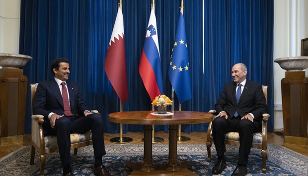 His Highness the Amir Sheikh Tamim bin Hamad Al-Thani meets with the Prime Minister of the Republic of Slovenia Janez Jansa