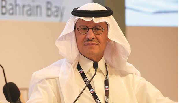 Saudi Energy Minister Abdulaziz bin Salman bin Abdulaziz al-Saud addresses the 29th annual Middle East Petroleum and Gas conference in Manama on Monday.