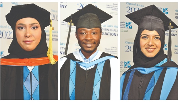 Samar Elkhalifa, a PhD graduate in sustainable energy from the College of Science and Engineering, left, Abdul Kawiyu Aswad Sualihu, a graduate from the College of Humanities and Social Sciences, centre, and Sabika Shaban, a graduate from the College of Islamic Studies. PICTURES: Shaji Kayamkulam