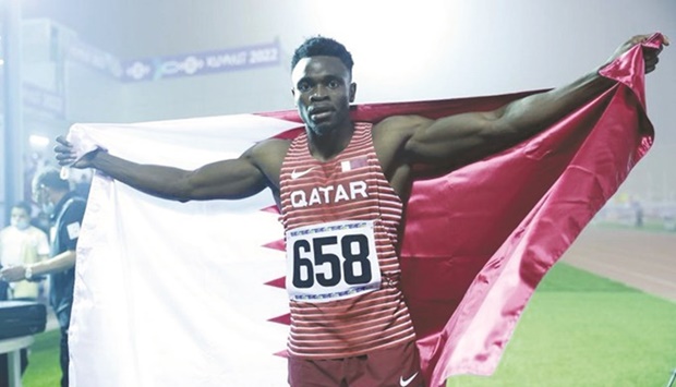 Qataru2019s Tosin Ogunode and Ammar Ibrahim (below) celebrate after winning the gold medals in the 100m and 400m respectively at the GGC Games in Kuwait on Monday.
