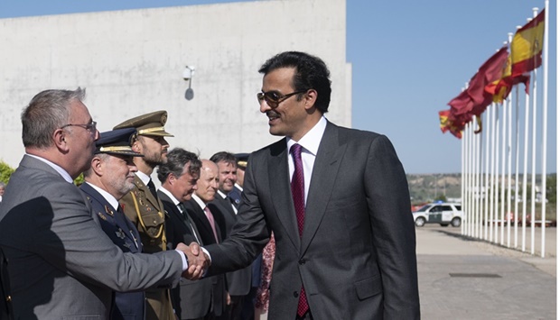 His Highness the Amir Sheikh Tamim bin Hamad al-Thani arrived in the capital Madrid on Monday evening on a state visit to Spain. He is accompanied by an official delegation.