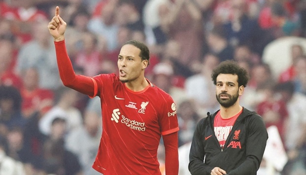 Liverpoolu2019s Mohamed Salah (right) and Virgil van Dijk during the penalty shoot-out at the FA Cup final against Chelsea in London on Saturday. (Reuters)