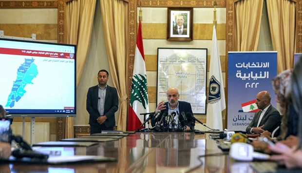 Lebanon's Interior Minister Bassam Mawlawi speaks during a press conference as he announces final results for some districts in Lebanon's parliamentary elections at the Interior Ministry in Beirut on May 16, 2022.