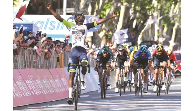 Eritreau2019s Biniam Girmay celebrates winning stage 10 of Giro du2019Italia from Pescara to Jesi in Italy yesterday. (Reuters)