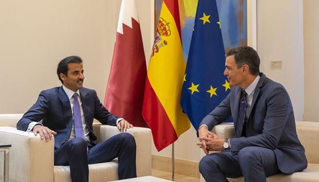 His Highness the Amir Sheikh Tamim bin Hamad Al-Thani and the Prime Minister of the Kingdom of Spain Dr. Pedro Sanchez hold talks at the headquarters of the Government at the Palace of Moncloa.