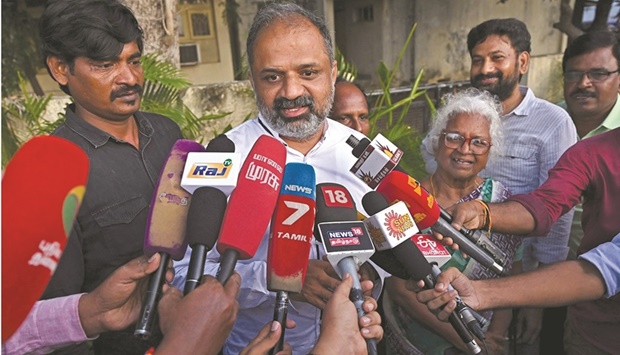 A G Perarivalan speaks with the members of media outside his residence in Chennai yesterday. (AFP)