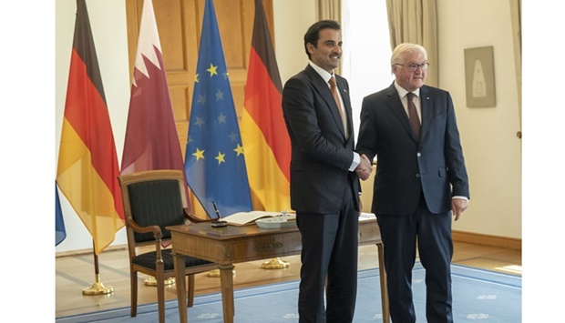 His Highness the Amir Sheikh Tamim bin Hamad Al-Thani meets with the President of the Federal Republic of Germany Dr. Frank-Walter Steinmeier