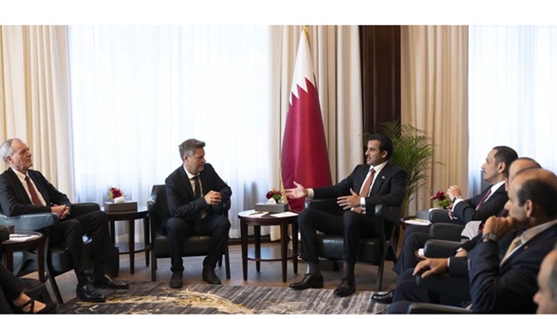 His Highness the Amir Sheikh Tamim bin Hamad Al-Thani meets with the Vice-Chancellor and Federal Minister for Economic Affairs and Climate Action of the Federal Republic of Germany Dr. Robert Habeck
