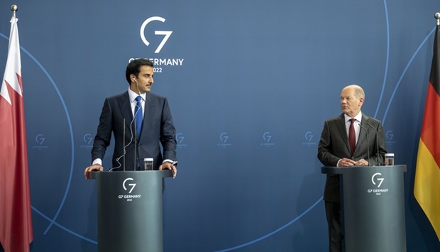 His Highness Amir Sheikh Tamim bin Hamad Al-Thani and German Chancellor Olaf Scholz hold joint press meet