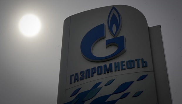 The logo of Russia's energy giant Gazprom is pictured at one of its petrol stations in Moscow in this file photo.