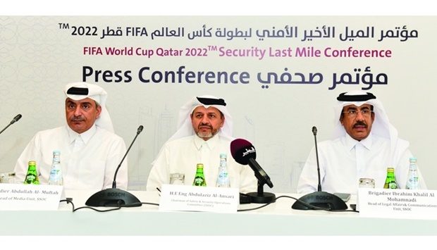 Maj. Gen. Eng. Abdul Aziz Abdullah al-Ansari, Head of the Safety and Security Operations Committee for the FIFA World Cup Qatar 2022, Brig. Ibrahim Khalil al-Mohannadi, Head of the Legal Affairs and Communication Unit of the Committee and Brig. Abdullah Khalifa al-Muftah, Head of the Media Unit attending the press coference. PICTURE: Shaji Kayamkulam