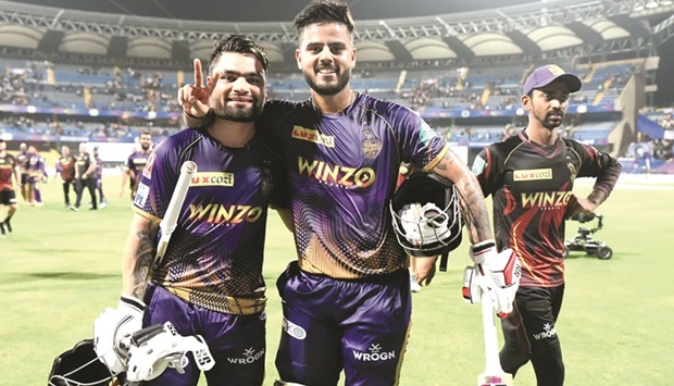 Kolkata Knight Ridersu2019 Rinku Singh (left) and Nitish Rana celebrate after guiding their team to victory over Rajasthan Royals in the Indian Premier League in Mumbai yesterday.