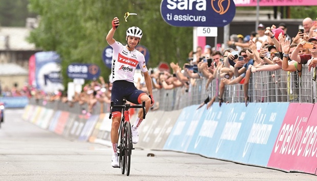 Trek u2013 Segafredou2019s Giulio Ciccone celebrates after crossing the line to win stage 15 of the Giro du2019Italia from Rivarolo Canavese to Cogne yesterday.