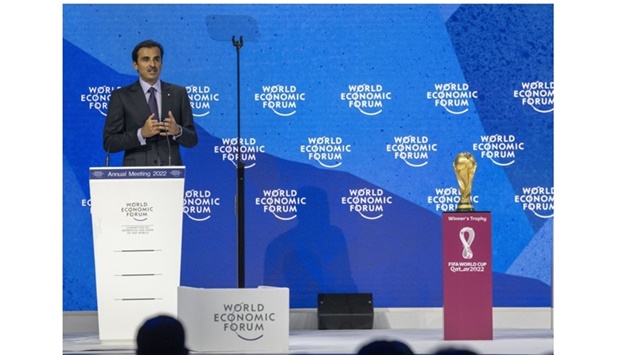 Amir opened the session with a speech noting that his first participation in the WEF comes in a very special year for Qatar, as it is hosting the FIFA World Cup, which will be the first major sport event with full attendance after the devastating Covid-19 pandemic.
