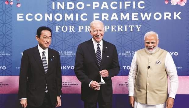 US President Joe Biden, Indiau2019s Prime Minister Narendra Modi and Japanu2019s Prime Minister Fumio Kishida attend the Indo-Pacific Economic Framework for Prosperity (IPEF) launch event at Izumi Garden Gallery in Tokyo yesterday.